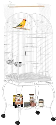 PawHut Gabbia per uccelli con ruote e ripiano, 51x51x153 cm, gabbia grande con parte superiore ribaltabile, 2 mangiatoie, 2 posatoi, 4 porte e vassoio estraibile, per pappagalli e canarini, bianco