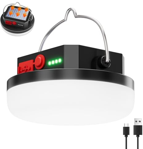 LeKaufen Camping Lampe solar, 2000LM LED Campinglampe mit Haken,IPX5 | 3 Leuchtmodi Zeltlampe mit Solar & USB-C Wiederaufladbare, 24 Std Camping Licht fur Stromausfällen, Wandern, Angeln, Notfälle