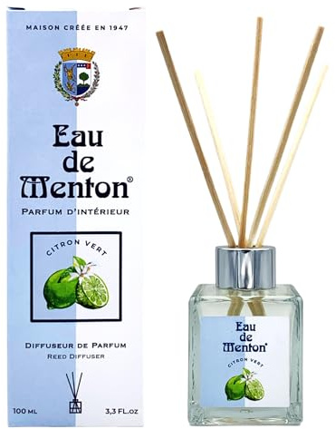 Prestige de Menton Raumduft-Diffusor, 100 ml – Limette – 94,3 % natürlich & vegan – Noten von Limette & Moschus – Duftspender mit Stäbchen, frisch, fruchtig & belebend