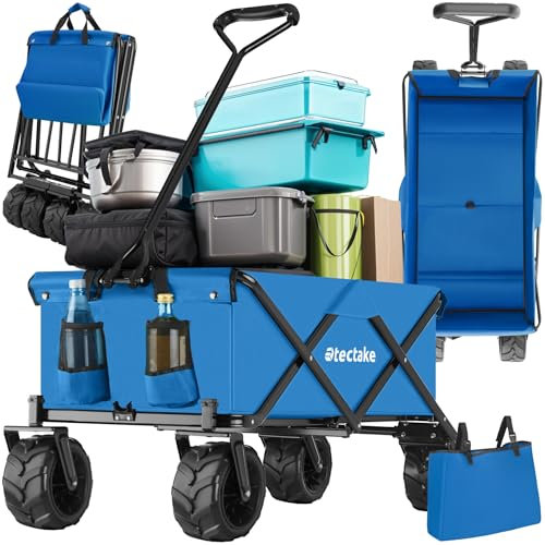 tectake® Faltbarer Bollerwagen, klappbarer Bollerwagen, extra breite Gummireifen, als Einkaufstrolley, Transportwagen, Strandwagen, faltbar und klappbar mit einem Griff, Klappbollerwagen - blau