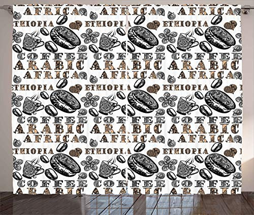 ABAKUHAUS Modern Curtains, Coffee Beans with Ornamental Words Ethiopians Pattern, Living Room Bedroom Window Drapes 2 Panel Set, 89 L X 110 W, Sand Brown Black and Grey