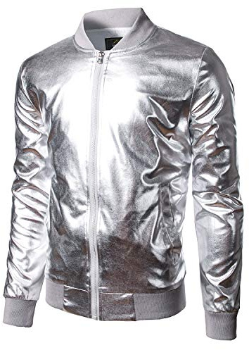 JOGAL Herren Metallic Nachtclub Reißverschluss Baseball Bomber Jacke Large Silber