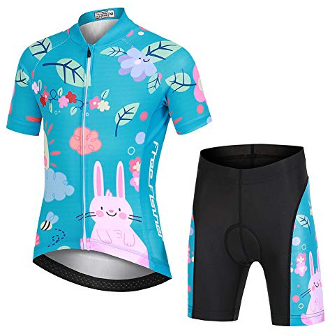 YFPICO Kinder Radtrikot Set Jungen Mädchen Fahrrad Trikot Kurzarm + Radhose mit Sitzpolster, Blumen-Fuchs(Bausatz), XL