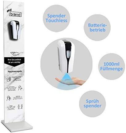 MyMAXXI | Mobiler Hand Desinfektionsständer Wood Printed Logo Sensor 1000ml mit individuellem Logo im Marmor-Design stehend automatisch Infrarot | touchless Disinfection | Desinfektionsspender