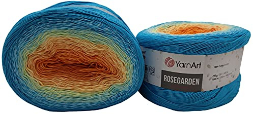 YarnArt Rosegarden Ullnystan, 500 gram, färggradient, 100 % bomull, stickylle, flerfärgad (turkos ockra lax 317)
