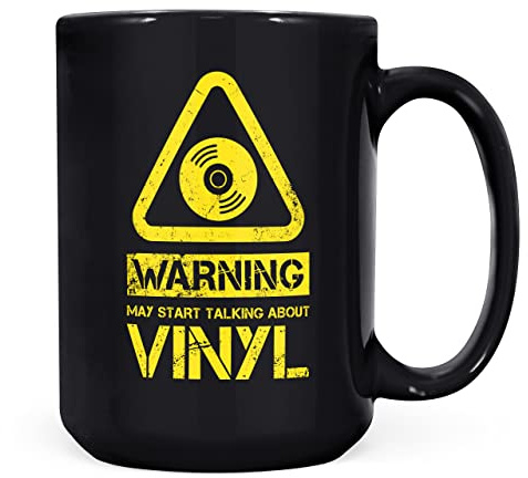 Mug Monster - Warning May Start Talking About Vinyl Funny Gift Mug - Ceramic Coffee Cup, Gift for Men or Women, Extra Large and Giant Available, 15oz Black