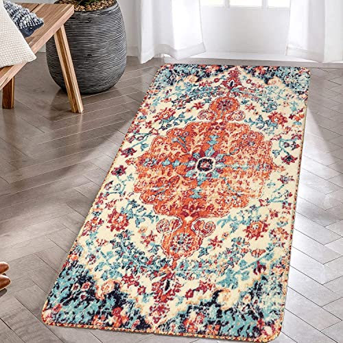 KIMODE Teppich Läufer Flur 60 x 120 cm,Boho Blumen Medaillon Orientalischer Distressed Fußmatte Weiche rutschfeste Waschbarer Kurzflor Badematte Für Küche Schlafzimmer Eingangsbereich