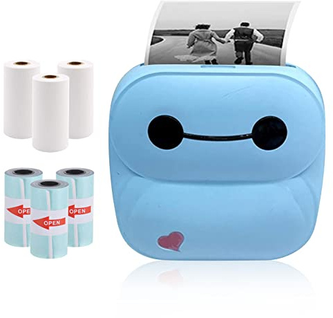 Mini Pocket Impresora Térmica Inalámbrica Blue Tooth Image Etiquette Photo Mémo Impresoras Recibo con Cable USB Toma de Carga de Smartphone Android iOS (Azul) 6 Rollos de Papel