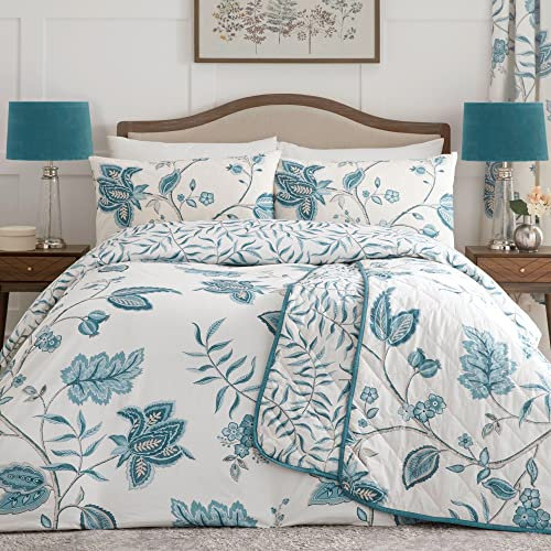 Dreams & Drapes Teal Floral Duvet Cover Set – King Size 230x220cm – Turquoise Damask Design – Reversible Vintage Bedding – White & Blue Traditional Bedroom Set with 2 Pillowcases