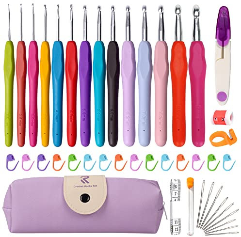 RealPlus 14-teiliges Häkelnadel, Häkelset, volle Größe (2–10 mm), Häkelsets für Anfänger und Erwachsene, ergonomische Gummigriffe, Häkelgeschenke für Schwester, Mutter, Tochter [Lila 47-tlg]