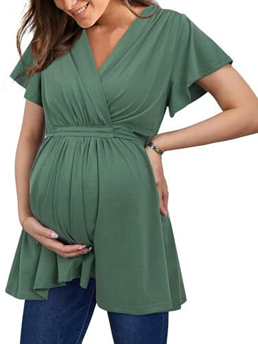 OUGES 2025 Womens Maternity Nursing Tops/Shirts Short Sleeve Wrap V Neck Tie Back Pleat Peplum Maternity Clothes/Tunic Casual Pregnancy Blouse(Olive Green,XL)