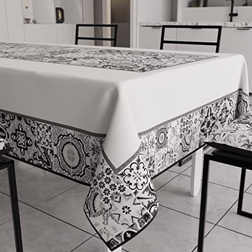 PETTI Artigiani Italiani - Tovaglia Antimacchia Rettangolare Copritavolo Cucina Disegno Geometrico Vietri Nero X18 Posti (140x360 cm) 100% Made in Italy