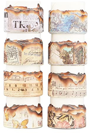 LGEGE 8 Rollen Vintage Old Burned Washi Tape Set, 25mm breit, Manuskript, Seezeichen, Diagramm, Pflanze, Schmetterling, antikes Masking Tape Dekor für Scrapbook,Bullet Journal(3m)