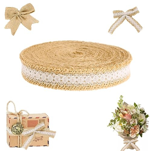 Juteband, 10 m, mit Spitze, Vintage, Rolle aus natürlicher Jute mit weißer Spitze, für DIY, Handwerk, Hochzeit, Dekoration, Geschenkverpackungen