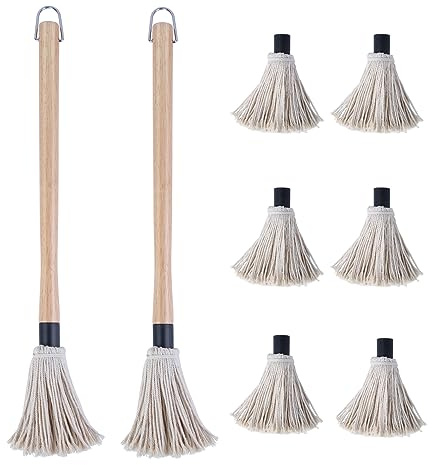 Donxote 45,7 cm BBQ Mop Pinsel Set von 2 Stück, mit 6 extra Ersatzköpfen, Holz langer Griff Baumwollkopf Wischen Grillen Grillsauce Perfekt zum Grillen Räuchern Steak Marinade oder Glasieren