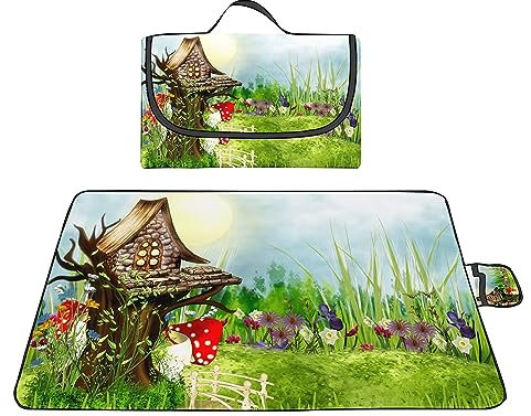 Picknickdecke 200x300cm,XXL Picknickdecke mit Wasserdichter Unterseite,Outdoor Stranddecke Sandfrei,mit Tragegriff Faltbare Picnic Blanket für Camping,Strand,Park,Familie,Konzerte Blume Baumhaus