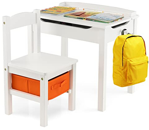 LIFEZEAL Set tavolo e sedia per bambini con gancio per zaino, scrivania per bambini piccola con 1 sedia e cassetto portaoggetti in legno di pino, carico massimo 70 kg, per 3 anni + (bianco)