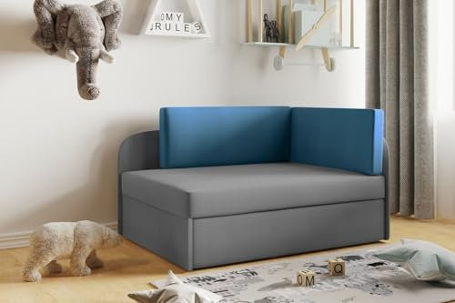 Kaiser Möbel - Kindersofa mit Schlaffunktion und Bettkasten, Kleines Sofa L-Form, Kinder Bett, Bequemes Couch für Kinderzimmer und Jugendzimmer, Stoff Casablanca, Winnie, Grau-Blau, Links
