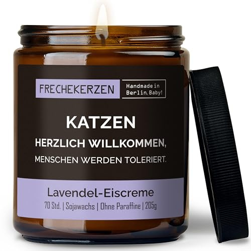 Lustige Duftkerze mit Spruch für Katzen Besitzer & Liebhaber | Handgemacht aus Sojawachs | In Geschenkbox | Originelles Valentinsgeschenk Gastgeschenk Katzenhalter Cat Lovers |Lavendel-Eis