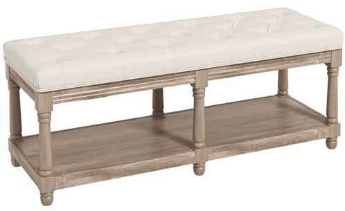 HOMCOM Schuhbank mit Sitzfläche, Schuhregal mit Stauraum und weichem Kissen mit Zugknopfdesign, Gepolstert Sitzbank mit Massivholzrahmen, Leinenoptik, für Wohnzimmer, Flur, Creme