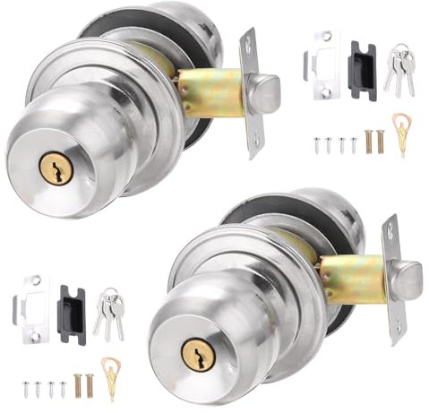 PATIKIL Key Entry Door Knobs Interior 60mm/2.4inch, 2 Pack Round Stainless Steel Bedroom Bathroom Door Knob with Zinc Lock Entry Indoor Outdoor Door, Silver