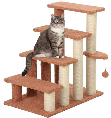 PawHut Escalier pour chats avec griffoir Escalier pour animaux domestiques à 4 marches avec balle de jeu Escalier pour chiens Escalier pour animaux pour chats jusqu'à 5 kg, peluche Jute Marron 60 x 40
