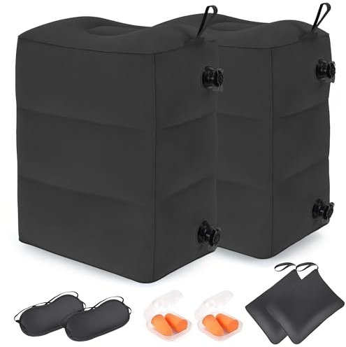 RISEPRO Inflatable Travel Foot Rest Pillow, Adjustable 3 Layers Height Leg Rest Pillow, Kids Airplane Bed, Adults Travel Essentials on Plane, Trains, Cars, Office, Home (Black, 2 PC)