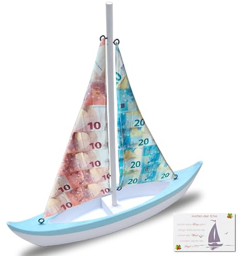Dumeher Geldgeschenk Segelboot Hochzeitsgeschenk Segelschiff aus Holz mit Segenskarte als Glücksbringer für Hochzeit basteln Geburtstag Abschied