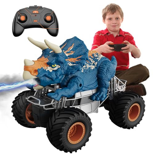 Ferngesteuertes Auto ab 3 4 5 6 7 8 Jahre, Monstertruck-Dinosaurier-Spielzeug ab 3 Jahre Junge, 2.4 GHz 1:18 RC-Auto mit Licht, Geburtstag Weihnachten Geschenke für Junge, Blue
