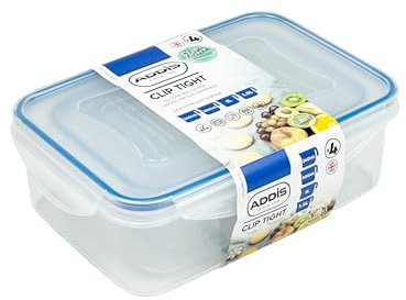 Addis Clip Tight Food Storage Containers 240 ml, 500 ml, 1 Litre and 1.5 Litre Rectangle Pack Of 4 Airtight Containers Bpa Free Easy Locking Lid Clips, Clear Transparent