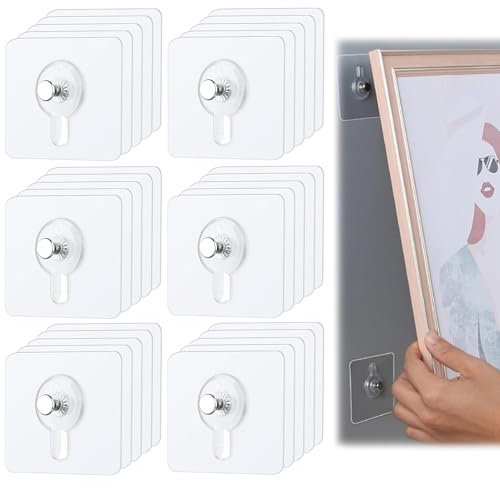 SUpoetry 30 Stück Bilderhaken Selbstklebend, Bilder Aufhängen Ohne Bohren, Transparent Klebenagel, Klebehaken Bilder Aufhängen, Für Bilder, Poster, Fotos, Dekorative Gemälde (6 x 6 cm)