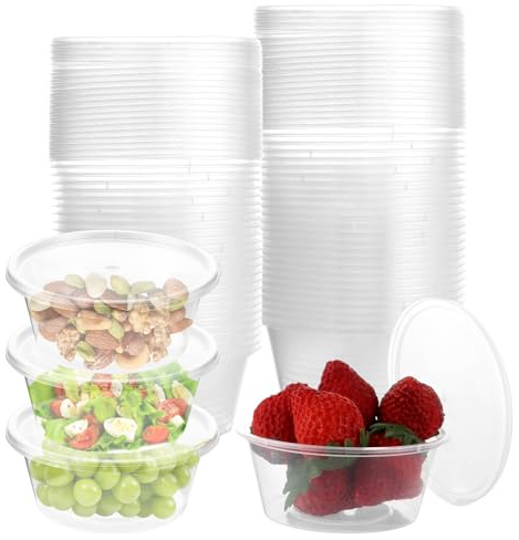 STARVAST 100 Stück Aufbewahrungsdosen mit Deckel Rund, 200ml/7oz Frischhaltedosen Auslaufsichere, Wiederverwendbarer Plastikbecher, Kleine Dosen für Soßen, Dips, Gewürze
