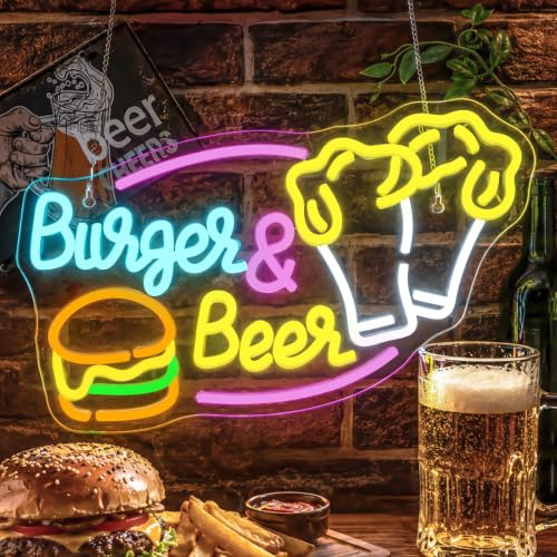 LUCUNSTAR Burger and Beer Neon Schild,Burger Bier Led Schild für Bar,Restaurant,Küche Wanddeko,Leuchtreklame Room Decor für Schlafzimmer,Neon Sign Geschenk für Mädchen und Jungen USB Dimmbar