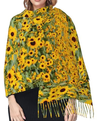 Hceaatb Damen-Schal, Sonnenblume, große Blume, modisch, Winter, warm, Kaschmirschal, Fransenschal, Schwarz , Einheitsgröße