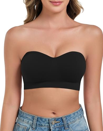 ANGOOL Damen Trägerloser BH ohne Bügel Push Up BH ohne Träger Feste Polster Bandeau Top Damen Seamless mit Transparente und Primärfarbige Träger, Schwarz, XL