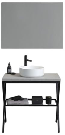 MONDO VIRO Mobile Bagno 80 cm PowerUp – Stile Industriale con Struttura in Metallo, Finitura Cemento, Lavabo Rotondo in Ceramica e Cavalletto Robusto