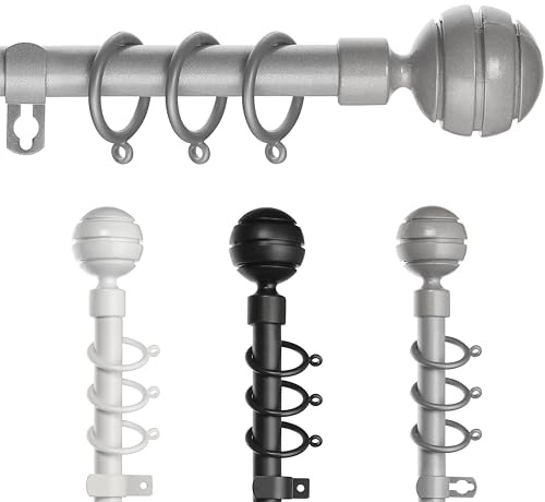 STRIPE BALL Curtain Poles for Window, Metal Extendable Curtain Poles Heavy Duty Curtain Rod Includes Finials, Rings, Brackets & Fittings Set (Silver, 120cm to 210cm)