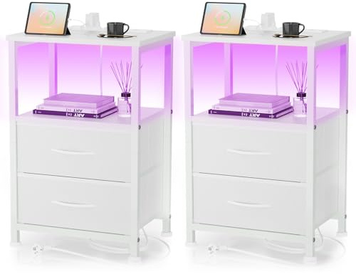 Yornoli Nachttisch 2er Set mit LED & Ladefunktion, Beistelltisch mit Schublade, Nachttische mit 3 AC-Anschlüsse & 2 USB-Anschlüssen, Beistelltische fürs Wohnzimmer, Schlafzimmer, Weiß