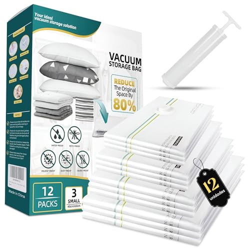 Bolsas Vacío con Bomba Manual para Ropa (12 uds – S/M/L/J) – Ahorro Espacio Edredones, Ropa, Maletas, Hogar, Viajes – Set de Compresión al Vacío Organizador
