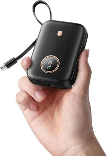 Power Bank Fast Charging 10000 mAh, 22.5W PD QC3.0 High-Speed Portable Charger, PowerBank With Built In Cable USB C, Pocket-Sized Battery Pack for iPhone 17/16/15, Samsung S23/S24 and More (Black)