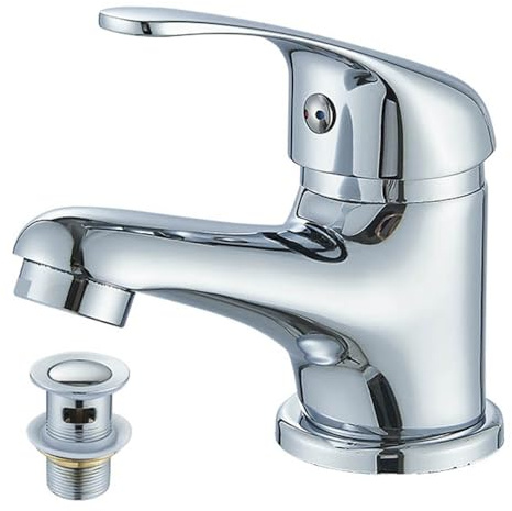 JUSOTTOR Bathroom Sink Taps with Pop up Waste Mono Basin Taps Single Lever Chrome Hot and Cold Mixer Tap