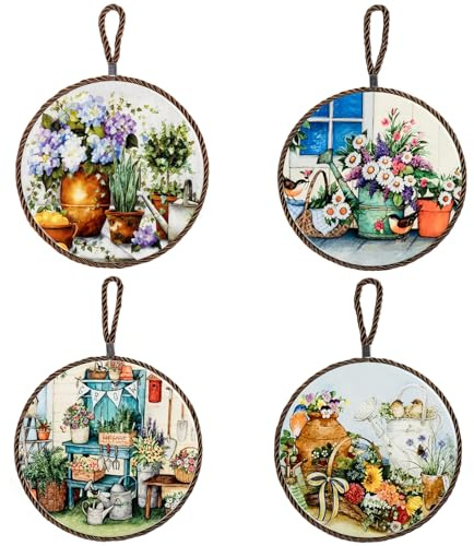 Alihoo Trivet, Set of 4 Ceramic Coasters for Hot Dishes, Pots and Pans, Coasters, Mat, Decorative Insulation Pads in Retro Pattern, Diameter 17 cm (Flowers)