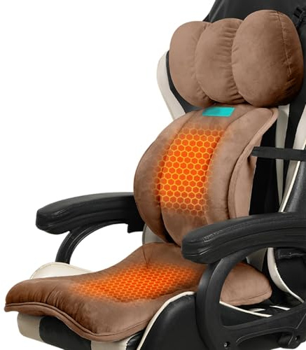 Tapis Chauffant USB pour Chaise avec Soutien Lombaire et Cervical, Coussin Chauffant en Velours Cristal avec 3 Niveaux de Température, Coussin Assise Ergonomique(Brown)