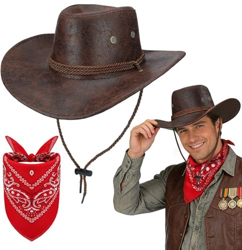 Wynlora Unisex Cowboy Hat & Red Bandana Set, Wild Western Wide Brim Hat with Neck Scarf Cowboy Accessories for Fancy Dress Festivals Halloween Party