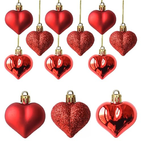 Adornos de Corazón de San Valentín Bolas de Corazón, 12 Piezas Bolas Arbol Forma Corazon, Bolas de Navidad con Forma de Corazon para Decoración del día de San Valentín, Boda, Navidad, Aniversario