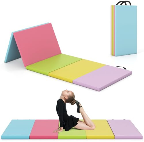 COSTWAY Vikbar Gymnastikmatta 200 x 75 cm, Mjuk Golvmatta av PU med Bärhandtag, 5 Gånger Vikbar Sportmatta för Träning och Fitness hemma för Barn och Vuxna