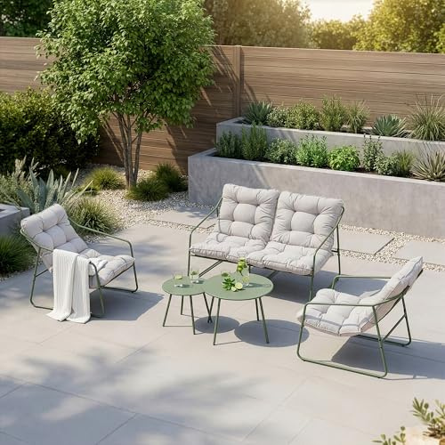 [en.casa] Gartenmöbel Set Kivanta 5-TLG. Balkon Möbel Set Outdoor Lounge Garten Sitzgarnitur Sofa Tische und Stühle Metall Sitzgruppe mit Kissen Hellgrün