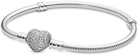PANDORA Moments Women's Sterling Silver Sparkling Heart Clasp Cubic Zirconia Snake Chain Bracelet for Charms, Size 17, No Box