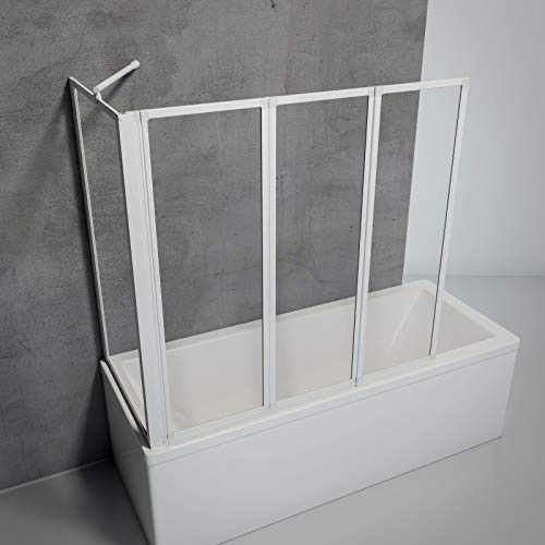 Schulte Duschwand für Badewanne 129 x 121 mit Seitenwand 73-76 cm, 3-teilig Sicherheitsglas (ESG) Klar hell, inkl. Klebemontage, Alpinweiß, D133075 04 50