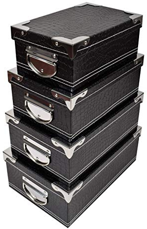 2J Schwarzer Satz von 4 Aufbewahrungsboxen aus Karton mit schwarzem Deckel mit Metallwinkeln und Griffen. Größen: 23x15x9,25x16,5x10,27x18x10,5,29x20x11cm